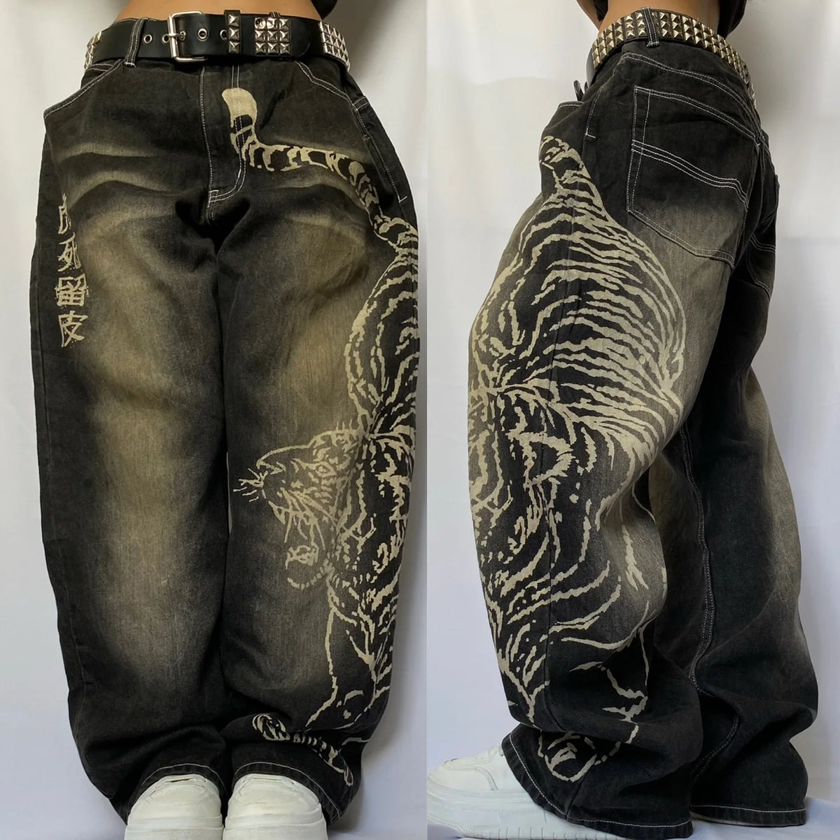 Harajuku Japanese Jeans Mens New Dragon High Quality Jeans Gothic Vintage Hip Hop Streetwear Denim Fabric Wide Leg pants