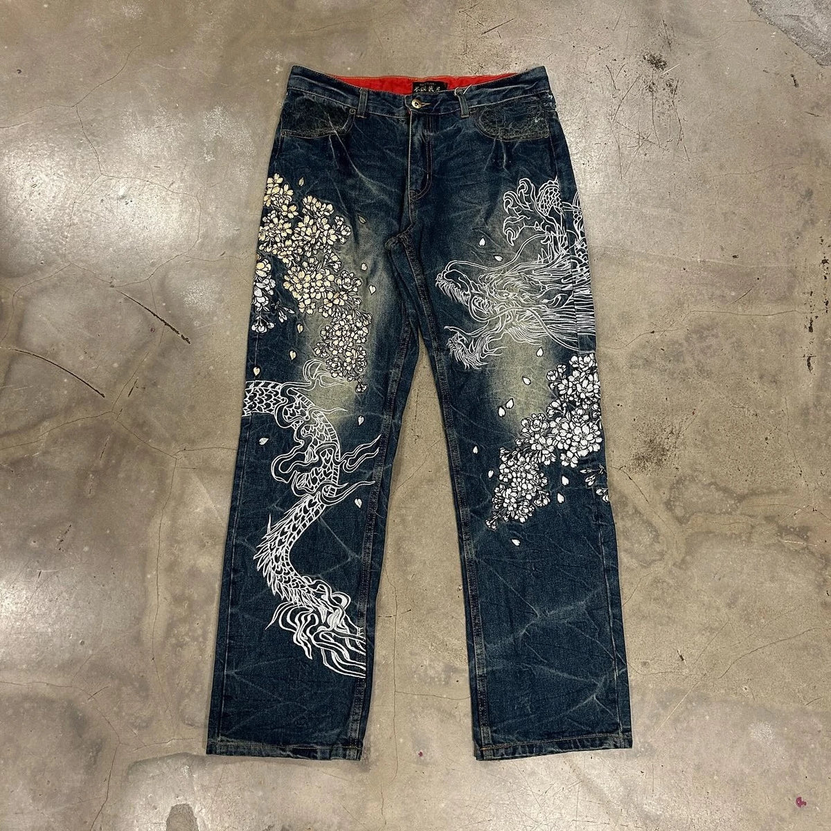 Harajuku Japanese Jeans Mens New Dragon High Quality Jeans Gothic Vintage Hip Hop Streetwear Denim Fabric Wide Leg pants