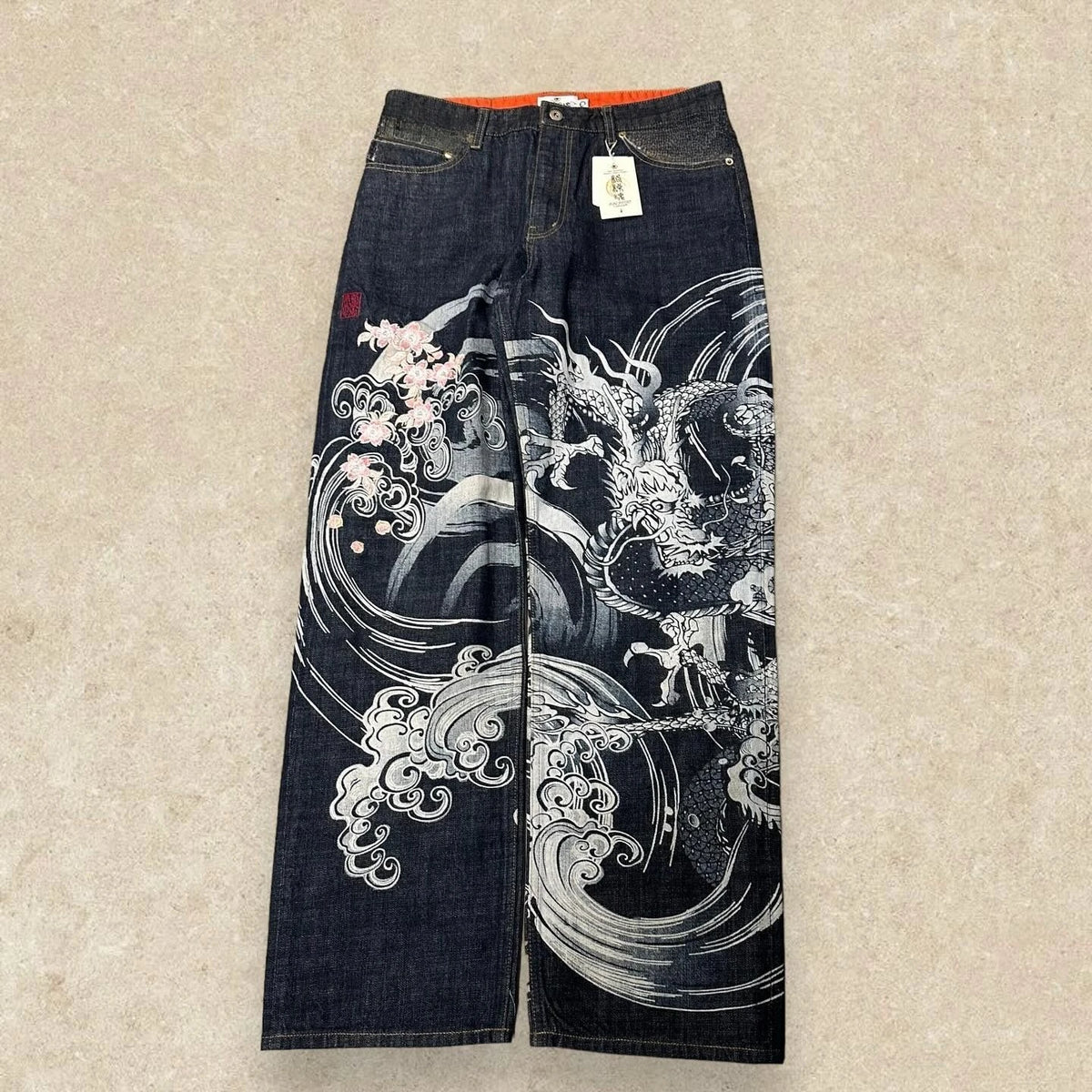 Harajuku Japanese Jeans Mens New Dragon High Quality Jeans Gothic Vintage Hip Hop Streetwear Denim Fabric Wide Leg pants