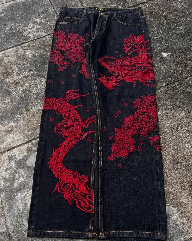 Harajuku Japanese Jeans Mens New Dragon High Quality Jeans Gothic Vintage Hip Hop Streetwear Denim Fabric Wide Leg pants
