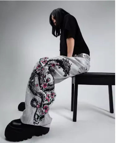 Harajuku Japanese Jeans Mens New Dragon High Quality Jeans Gothic Vintage Hip Hop Streetwear Denim Fabric Wide Leg pants
