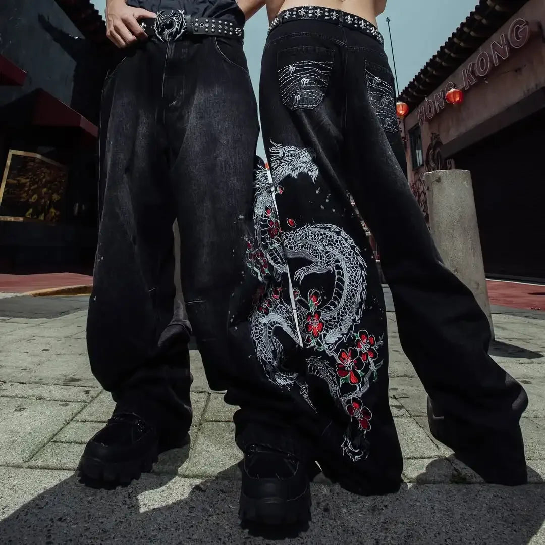 Harajuku Japanese Jeans Mens New Dragon High Quality Jeans Gothic Vintage Hip Hop Streetwear Denim Fabric Wide Leg pants
